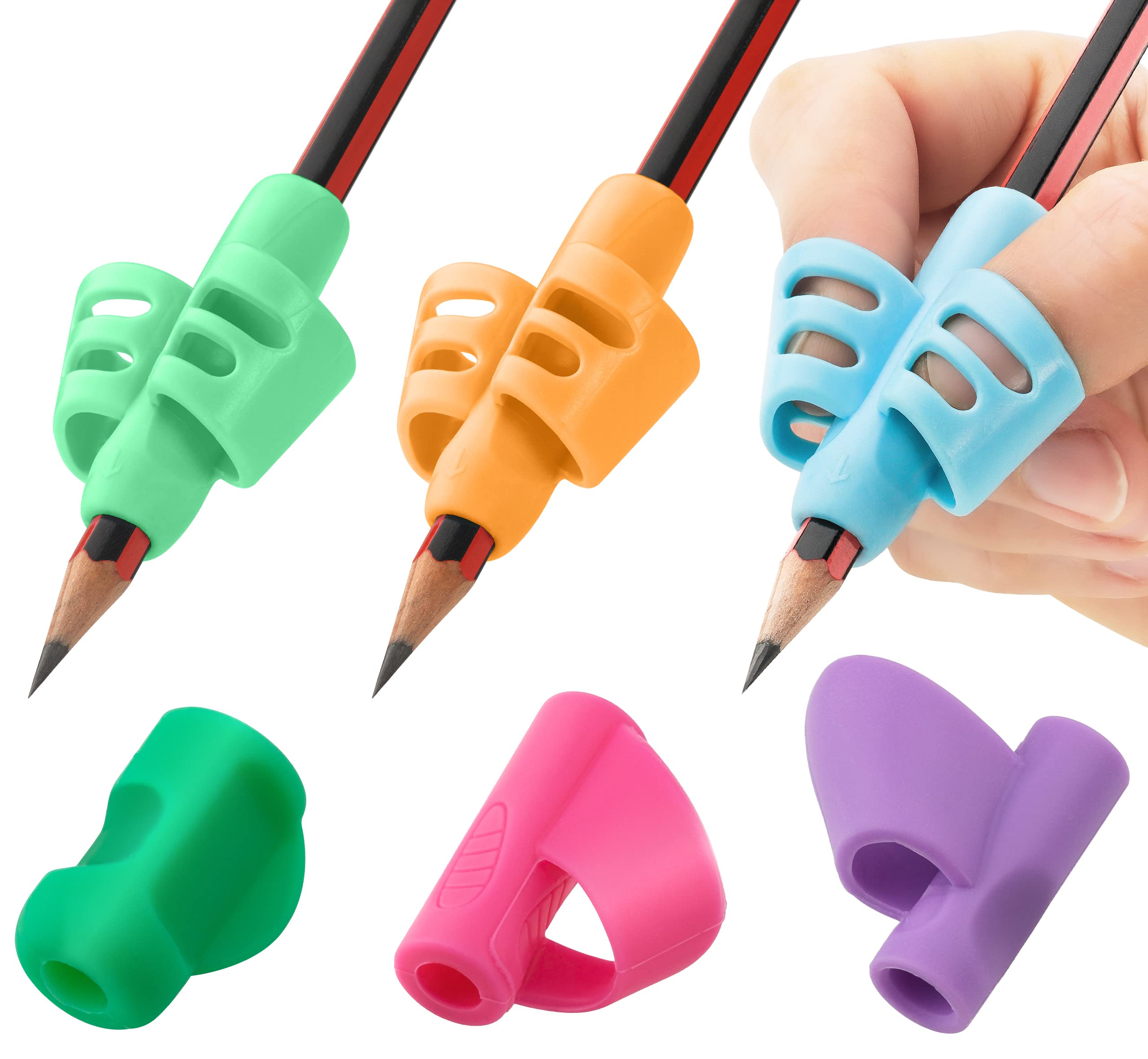 Colorful silicone pencil grips in green, orange, blue, pink, and purple, shown with a hand demonstrating use